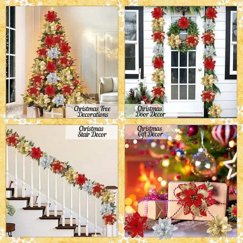 Christmas Glitter Artificial Flowers Christmas Tree Hanging Ornaments Fake Flower for Home 2025 Xmas New Year 2026 Navidad Gift Beauty World Shop