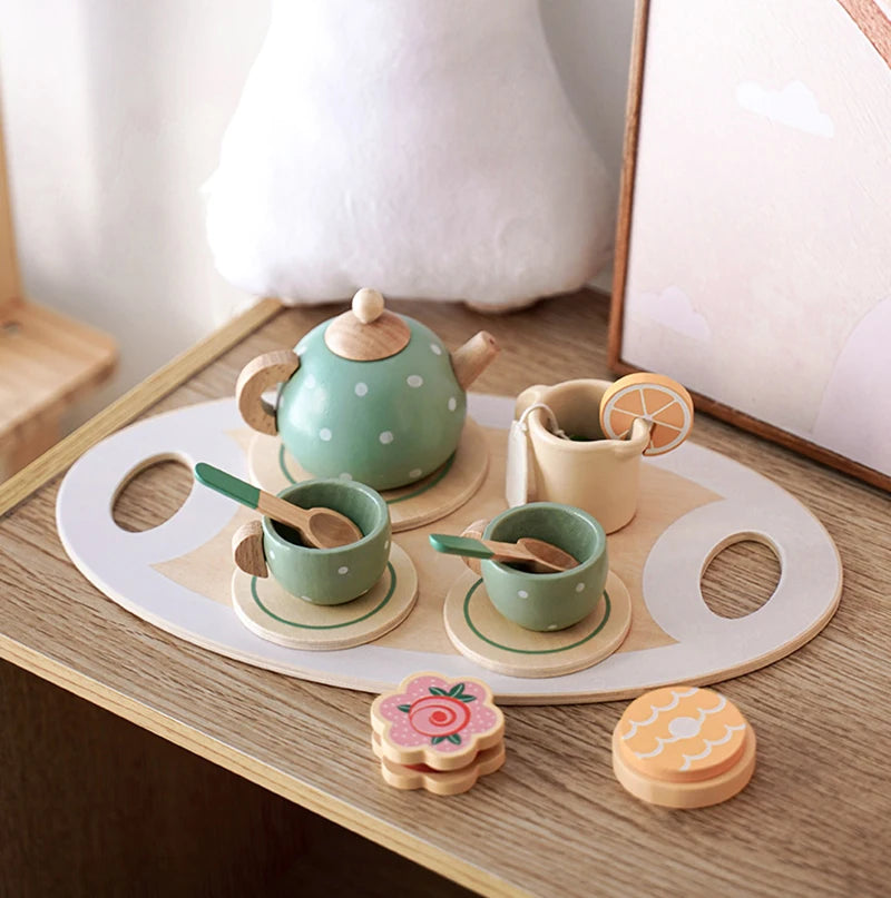 Kids Wooden Tea Set Play House Pretend Make Tea Play With Teapot Teacup Afternoon Snack Role Playing Toys Boys Girls Gift Beauty World Shop