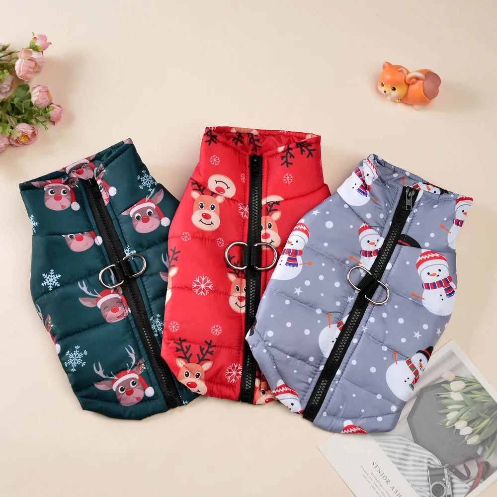 New Year Pet Coat For Christmas Deer Print Dog Jacket With D-ring Waterproof Pets Costume For Small Medium Dogs Bulldog Clothes