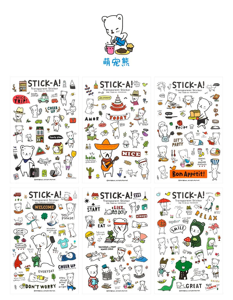 6Pcs/Lot Waterproof Cartoon Transparent Pvc Stickers DIY Hand Account Diary Decorative Stickers Kawaii Phone Cup Stickers Beauty World Shop