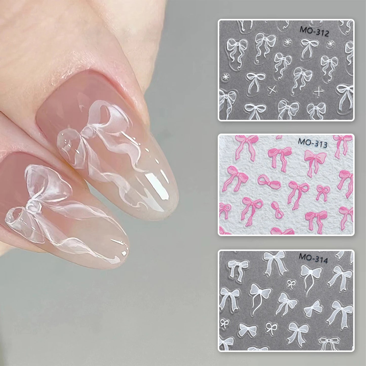 Bowknot Nail Stickers 3D Relief White Ribbon Cute Sweet Pink Self-Adhesive Nail Art Decoration Decals For Nail Tips Manicures Beauty World Shop