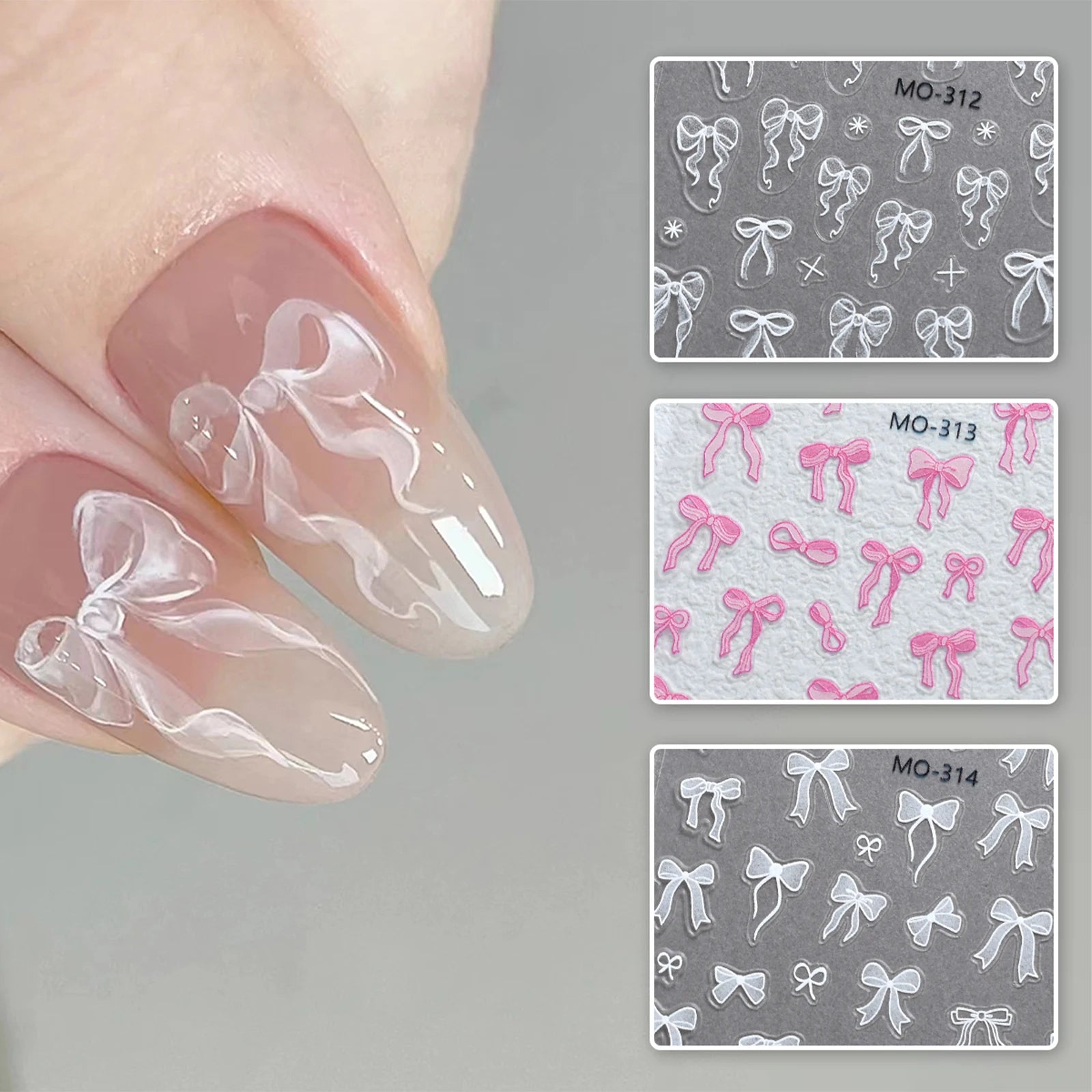Bowknot Nail Stickers 3D Relief White Ribbon Cute Sweet Pink Self-Adhesive Nail Art Decoration Decals For Nail Tips Manicures Beauty World Shop