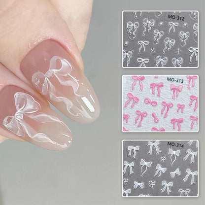 Bowknot Nail Stickers 3D Relief White Ribbon Cute Sweet Pink Self-Adhesive Nail Art Decoration Decals For Nail Tips Manicures Beauty World Shop