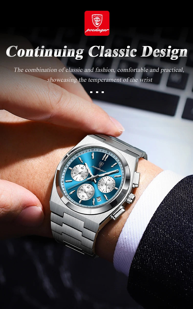 POEDAGAR Fashion Man Watches Chronograph Date Stainless Steel Casual Men Wristwatch Waterproof Luminous Men's Quartz Watch Reloj Beauty World Shop