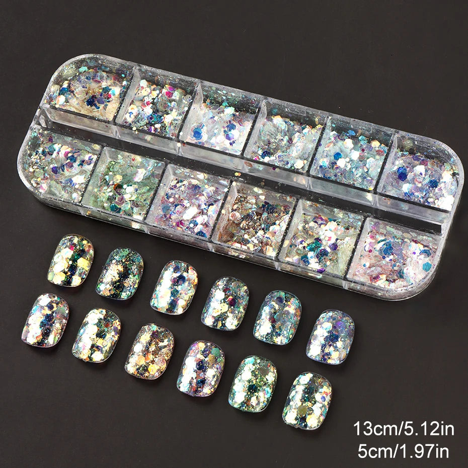 12 Grids Shimmery Mermaid Hexagon Nail Art Glitter Sequins Holographic Mirror Nail Powder Flakes Nail Charms Decoration Manicure Beauty World Shop