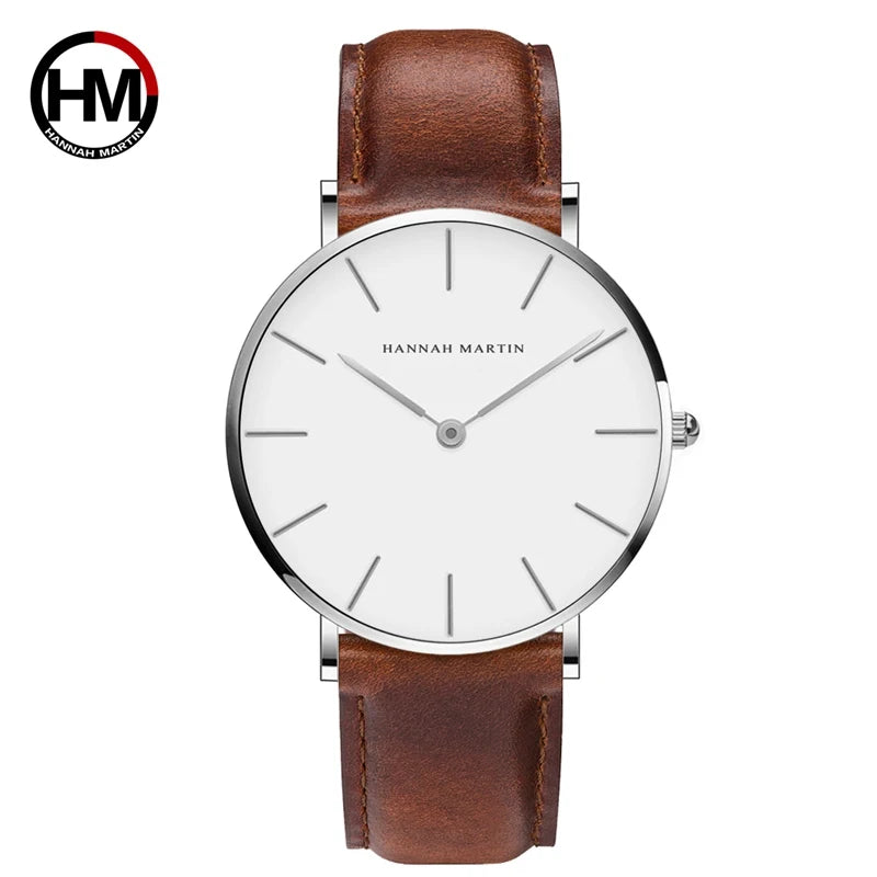 Hannah Martin Brand Fashion  Japan Quartz Wrist Watches Silver Brown Leather Men Watch Waterproof Dress Watch Men Casual Beauty World Shop