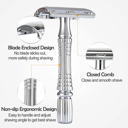 Double Edge Safety Razor for Men and Women Metal Razor with 10 Double Edge Safety Razor Blades Eco-Friendly Razor Silver Beauty World Shop