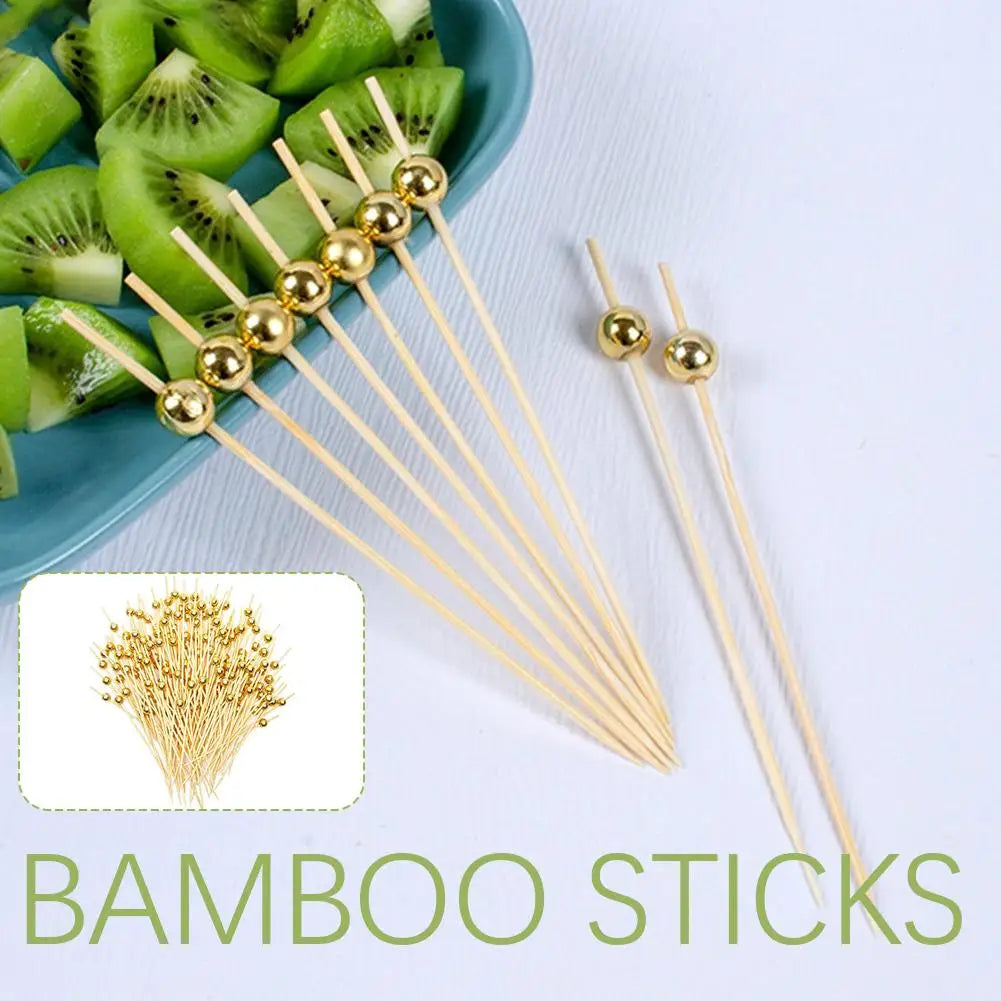 200/100/25Pcs Gold Pearl Cocktail Picks Food Fruit Picks Wedding Party Disposable Cake Dessert Cocktail Sticks Toothpick Skewer Beauty Trend Shop
