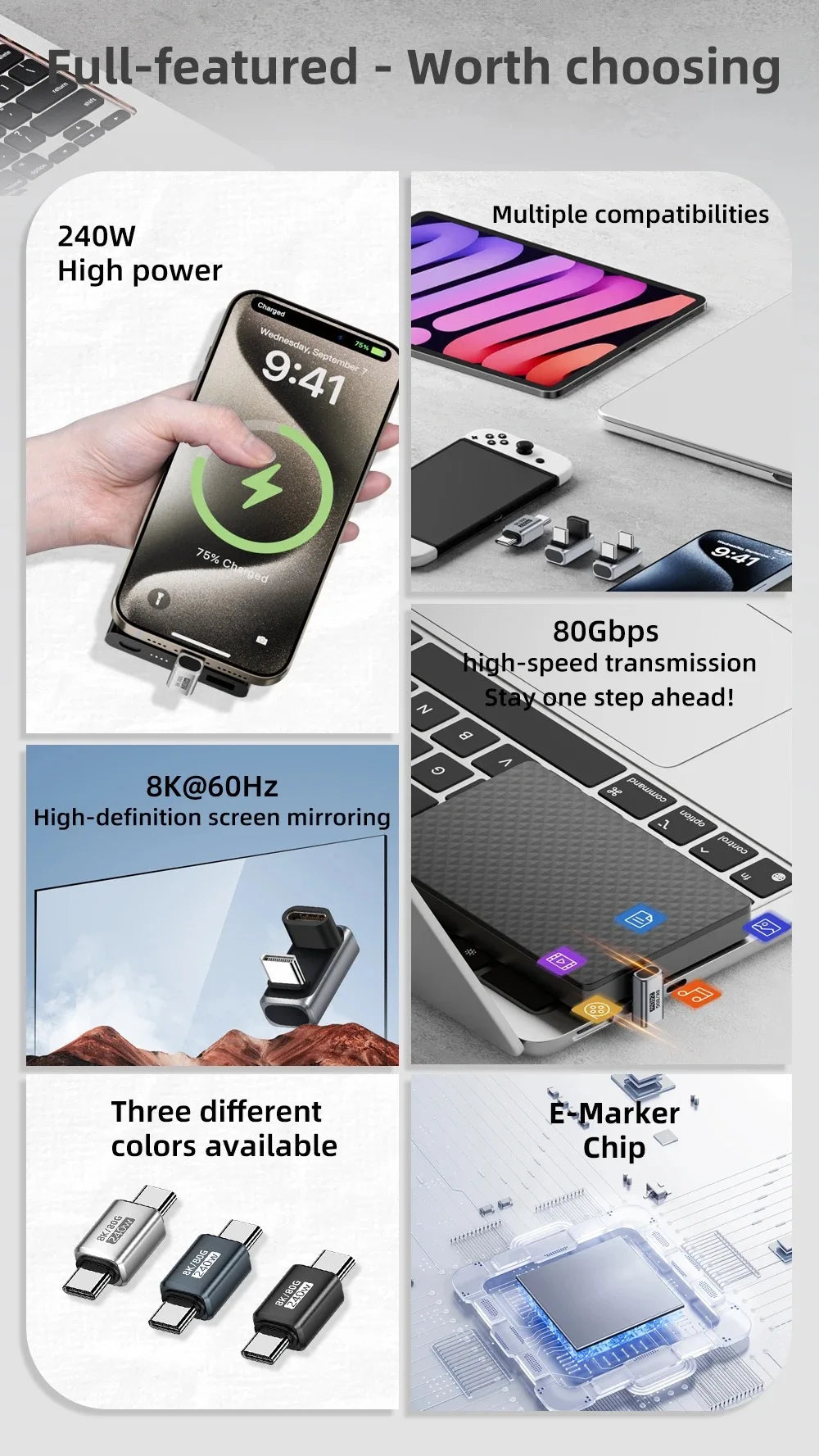 USB4.0 PD240W 8K60Hz Charger Connector for  80Gbps High Speed USB C OTG U-Shape Straight Angle dapter For Macbook iphnoe15/16