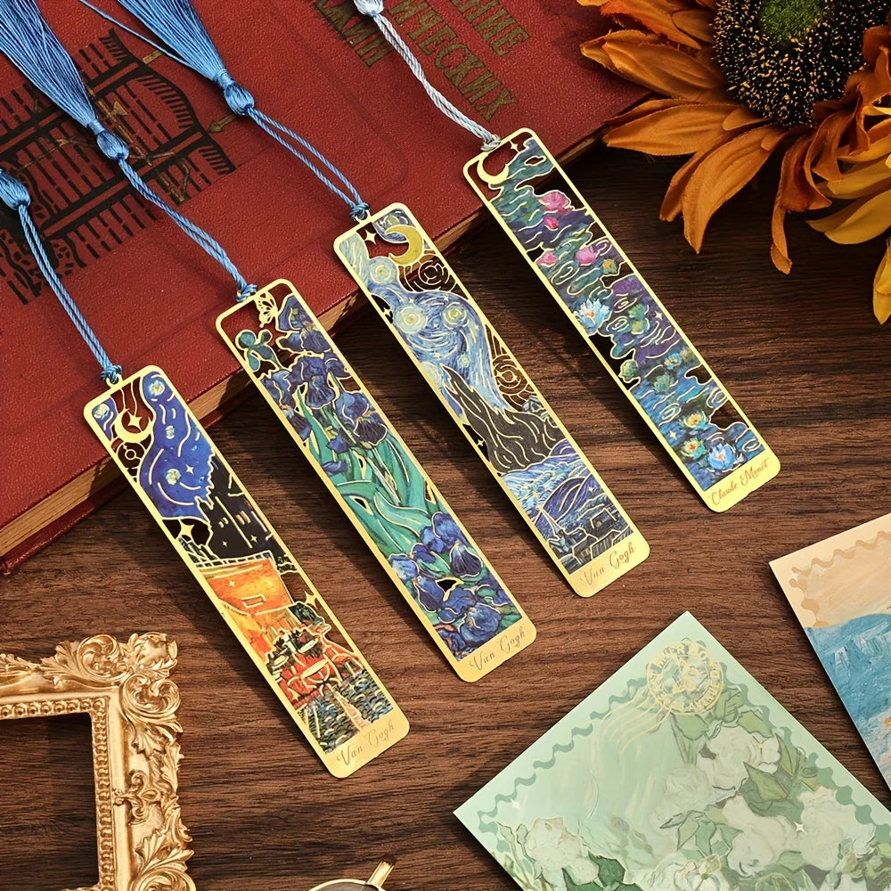 Vintage Oil Painting Metal Bookmarks - Hollow Hot Stamping Long Tassel Bookmarks - Stationery Gifts for Book Clubs, Book Lovers, Beauty World Shop