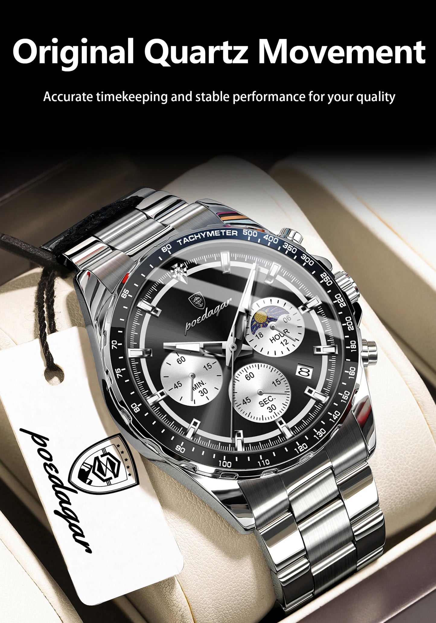 POEDAGAR Business Brand Man Wristwatch Waterproof Stainless Steel Luminous Men Watch Chronograph Date Men's Quartz Watches Reloj Beauty World Shop