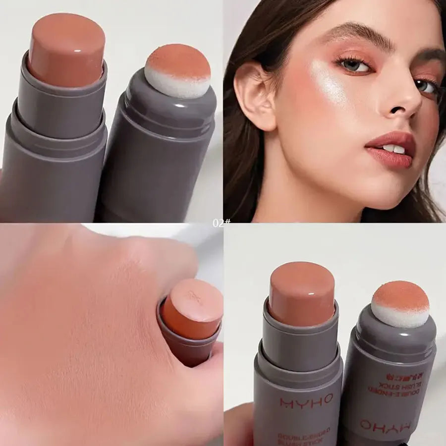 Double Head Sponge Monochrome Powder Blusher Lip and Cheek Dual-Use Durable Matte Natural Rouge Powder Blusher Stick Light Natur Beauty World Shop