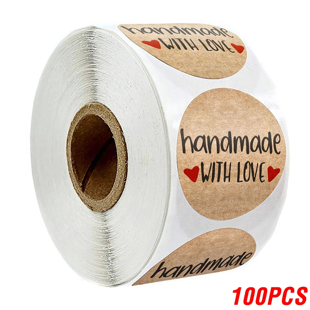 100-500pcs 1inch Vintage Kraft Paper Handmade With Love Stickers for Package Thank You Stationery Adhesive Labels Baking Seals Beauty World Shop