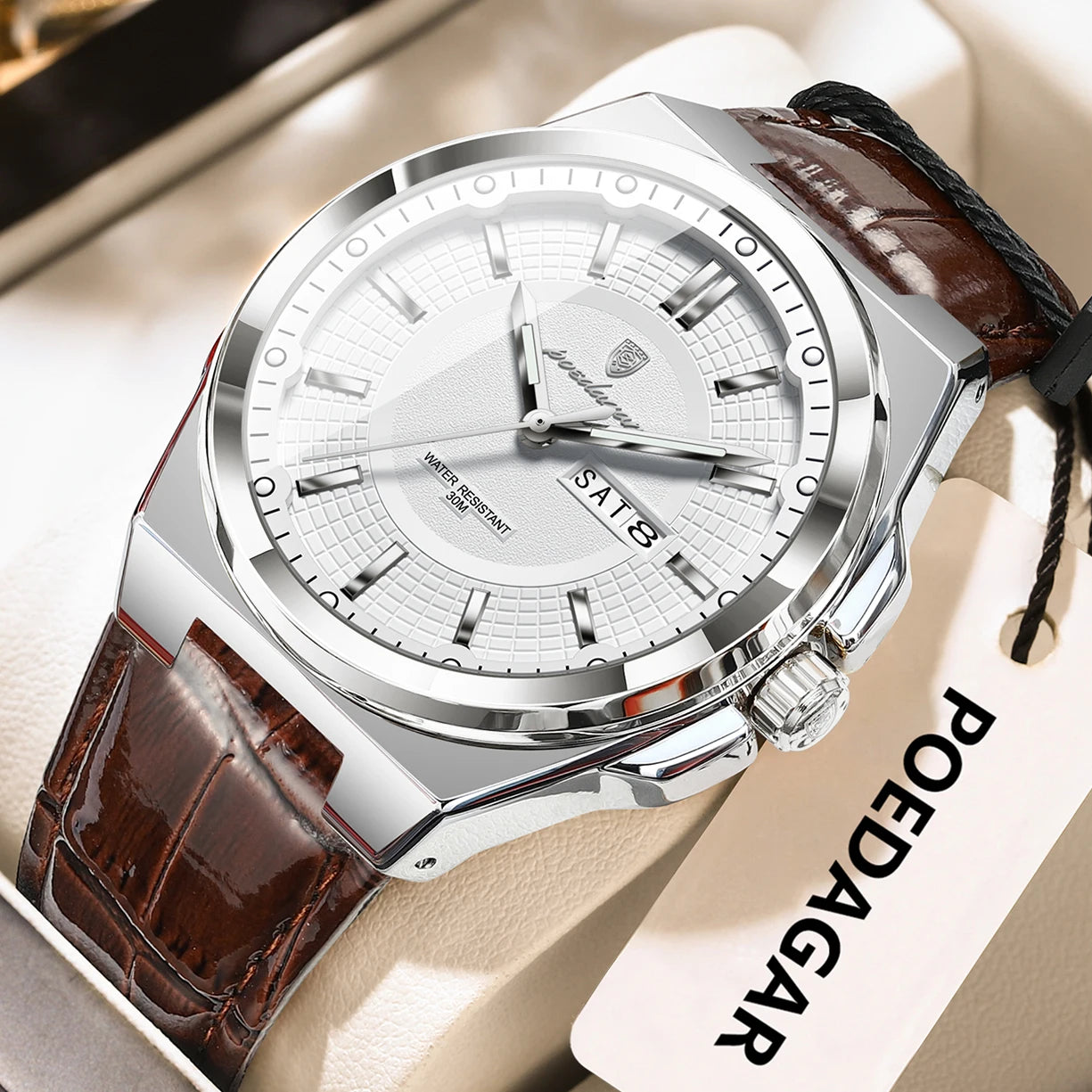 POEDAGAR Fashion Brand Man Wristwatch Waterproof Luminous Date Week Quartz Luxury Men's Watches Leather Business Men Watch Reloj Beauty World Shop