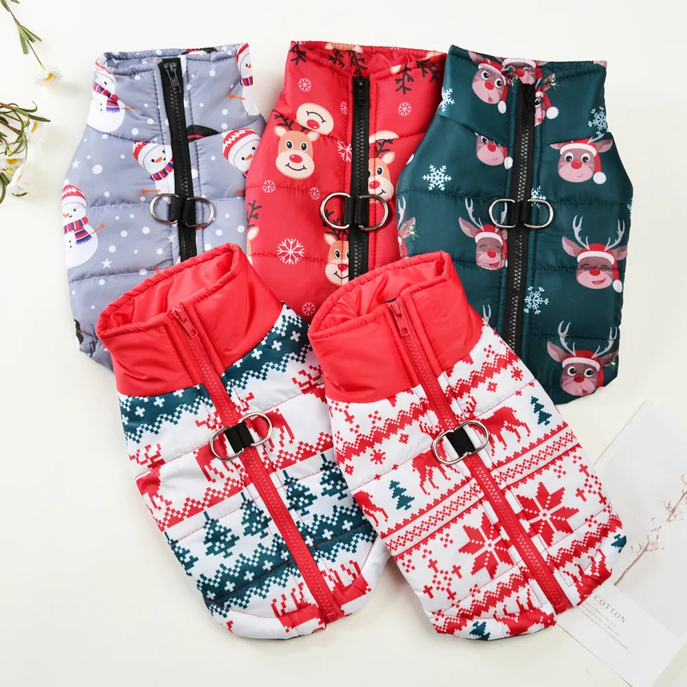 New Year Pet Coat For Christmas Deer Print Dog Jacket With D-ring Waterproof Pets Costume For Small Medium Dogs Bulldog Clothes