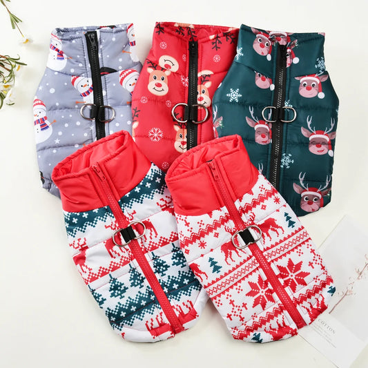 New Year Pet Coat For Christmas Deer Print Dog Jacket With D-ring Waterproof Pets Costume For Small Medium Dogs Bulldog Clothes