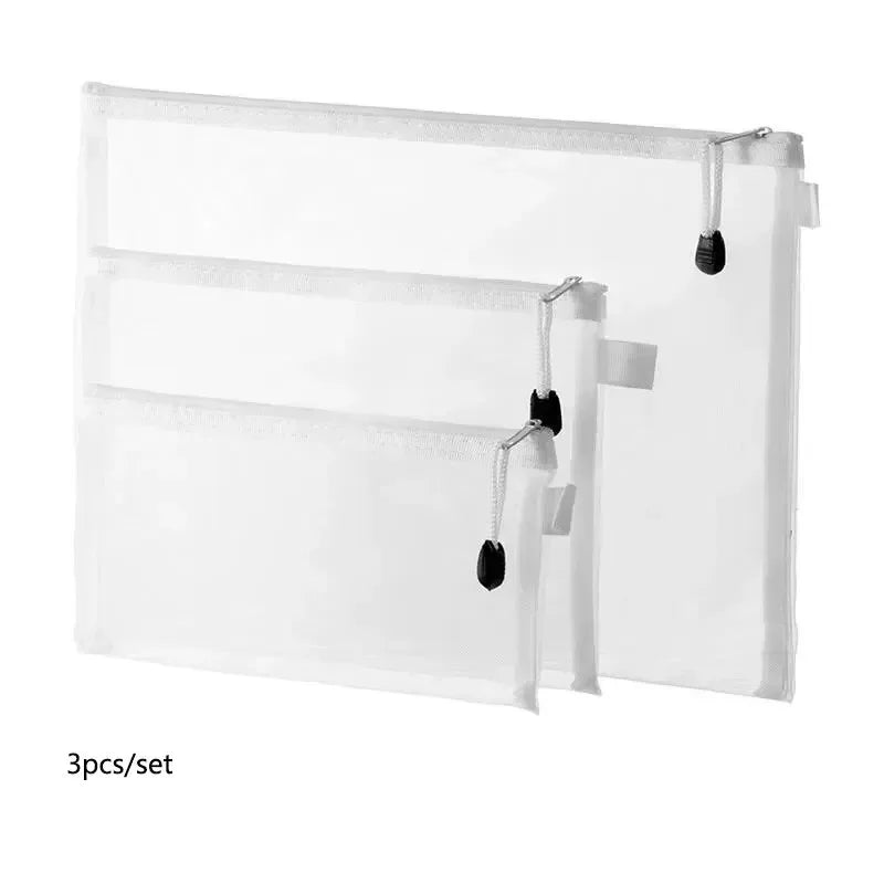 3pcs/Set Transparent Document Bag Mesh Zipper Information Bag Small Fresh Large Capacity Stationery Bag Beauty World Shop