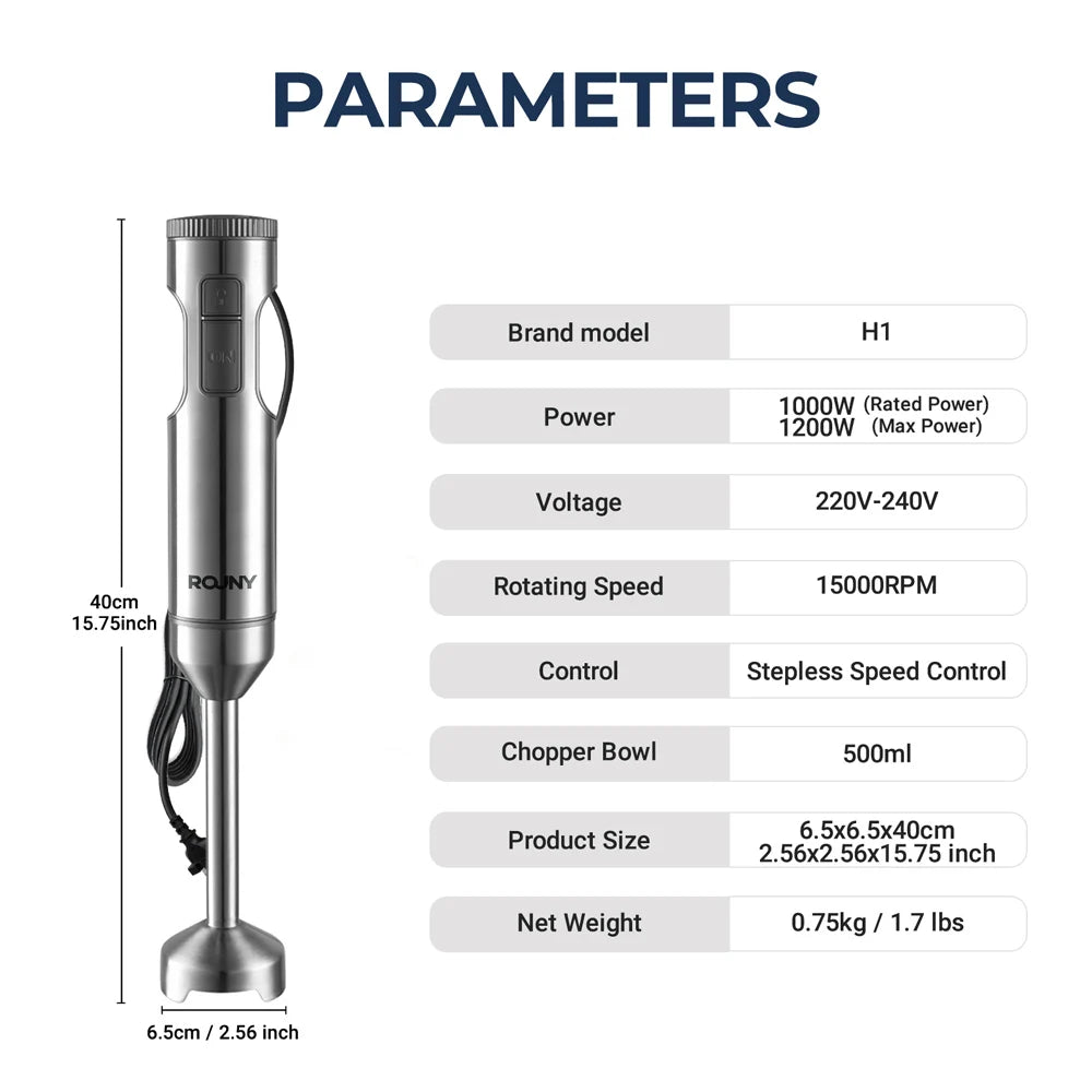 ROUNY 4-in-1 Hand Immersion Blender 1000W Powerful, Stainless Steel Stick Food Mixer,700ml Mixing Beaker,500ml Processor, Whisk Beauty World Shop
