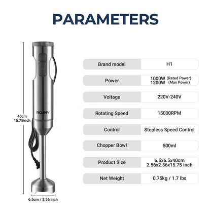 ROUNY 4-in-1 Hand Immersion Blender 1000W Powerful, Stainless Steel Stick Food Mixer,700ml Mixing Beaker,500ml Processor, Whisk Beauty World Shop