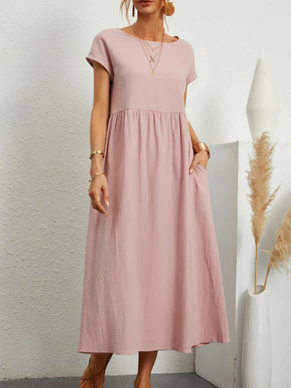 Women Elegant Solid Maxi Dress Summer Short Sleeve O Neck Vintage Harajuku Cotton Linen Loose Sundress Y2K Pockets Long Dress Beauty World Shop