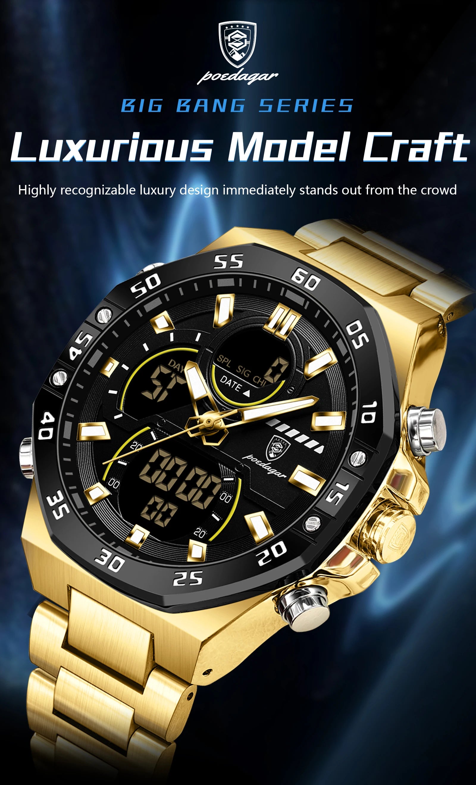 POEDAGAR Top Men Clock LED Luminous Waterproof Week Date Military Man Wristwatch Electronic Stainless Steel Quartz Men's Watches Beauty World Shop