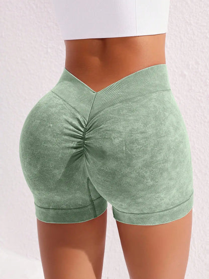Women's Washed Yoga Shorts Fitness Quick Drying High Waist Workout Biker Shorts Hip Lift V Waist Sports Shorts