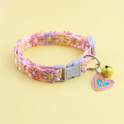 Fashion Rainbow Flower Cat Collar With Bell Kitten Puppy Necklace Adjustable Buckle Colorful Lace Kitten Collar Dog Accessories Beauty World Shop