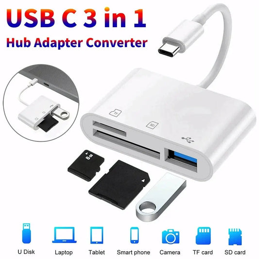 3 In 1 Adapter Type-C, Tf, Cf, Sd, Memory Card Reader, Recorder, Compact Flash Usb-C, Pro, Huawei, Macbook Beauty World Shop