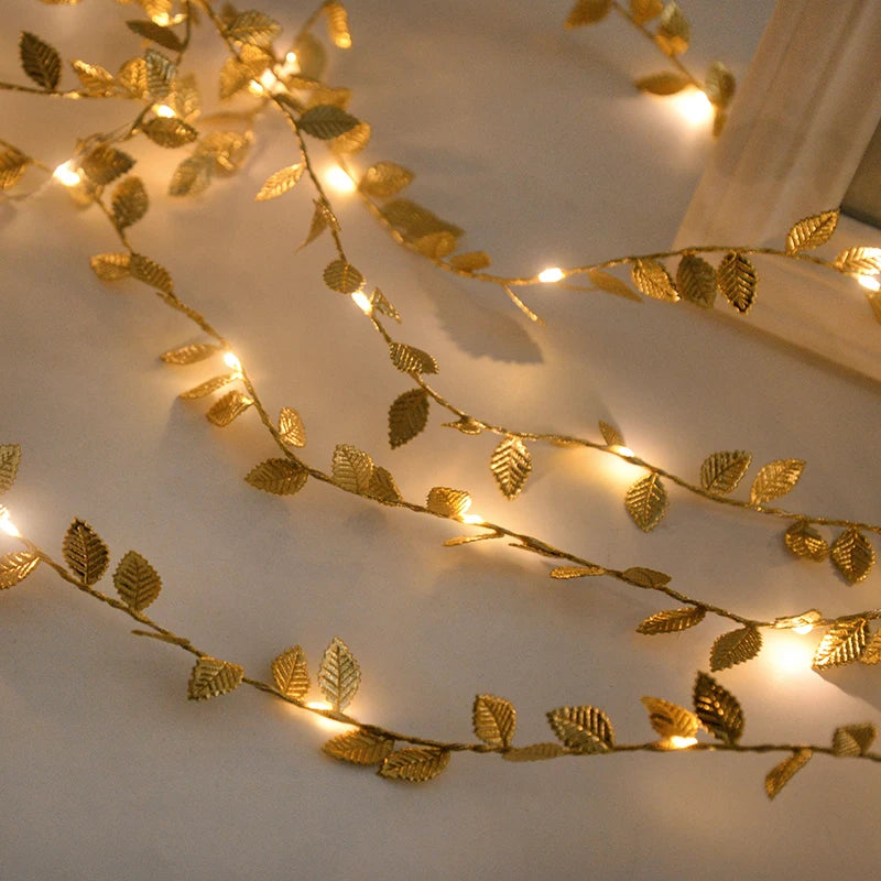 2M 20LED Golden Leaves String Fairy Lights For Wedding Birthday Party Decoration Home Garden Artificial Plant Garland Vine Light Beauty World Shop