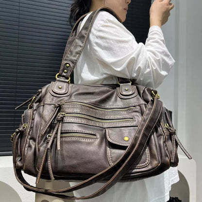 Y2K Hot Girl Single Shoulder Crossbody Bag Vintage Washed Leather Motorcycle Bag Large Capacity Multi Pocket Bag Beauty World Shop