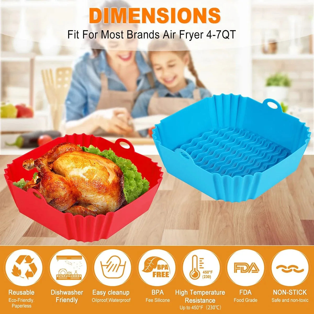 Silicone Air Fryer Pot Tray Food Safe Reusable Square BBQ Barbecue Pad Plate Airfryer Oven Baking Mold Basket Pan for Kitchen Beauty World Shop