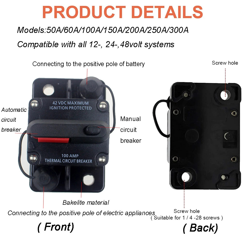 12-48VDC Circuit Breaker 50A 60A 80A 100A 150A 200A 250A 300A Car Truck Audio Resettable Fuse Circuit Breaker with Power Protect Beauty World Shop