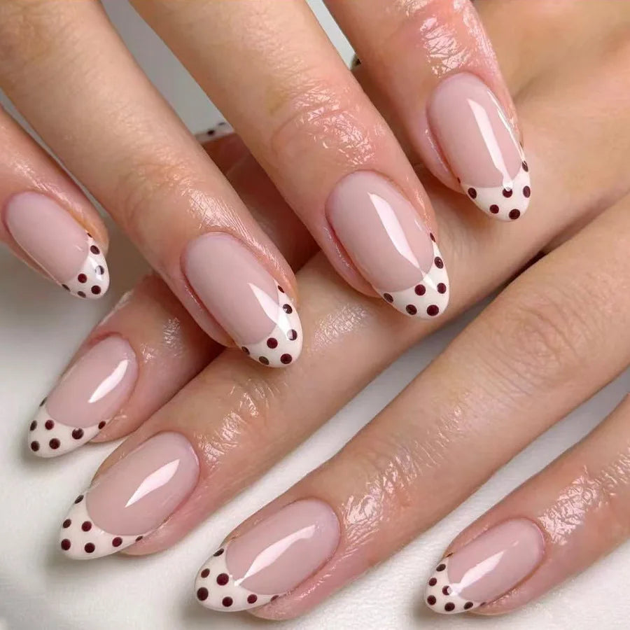 Sweet French Style Medium Almond Press On Nails 24pcs White with Brown Tips and Dots Beauty World Shop