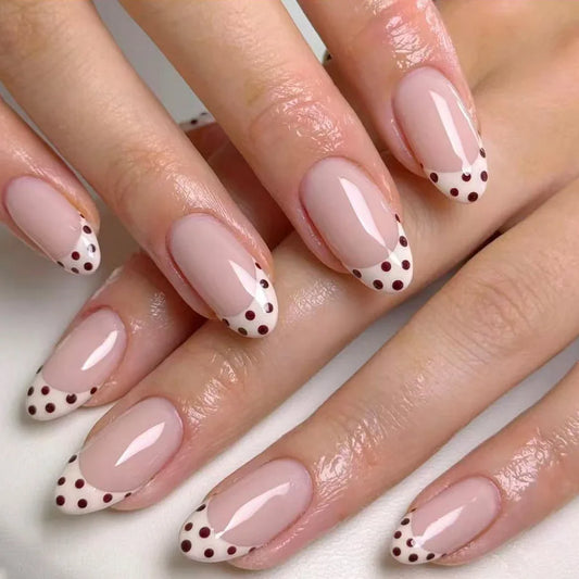 Sweet French Style Medium Almond Press On Nails 24pcs White with Brown Tips and Dots Beauty World Shop