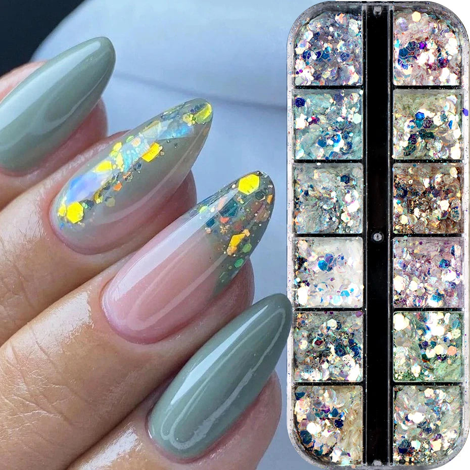 12 Grids Shimmery Mermaid Hexagon Nail Art Glitter Sequins Holographic Mirror Nail Powder Flakes Nail Charms Decoration Manicure Beauty World Shop