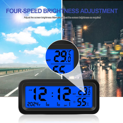 LCD Digital Car Clock Solar Power Temperature Humidity Gauge Backlight Automobiles Dashboard Clock Car Internal Accessories Beauty World Shop