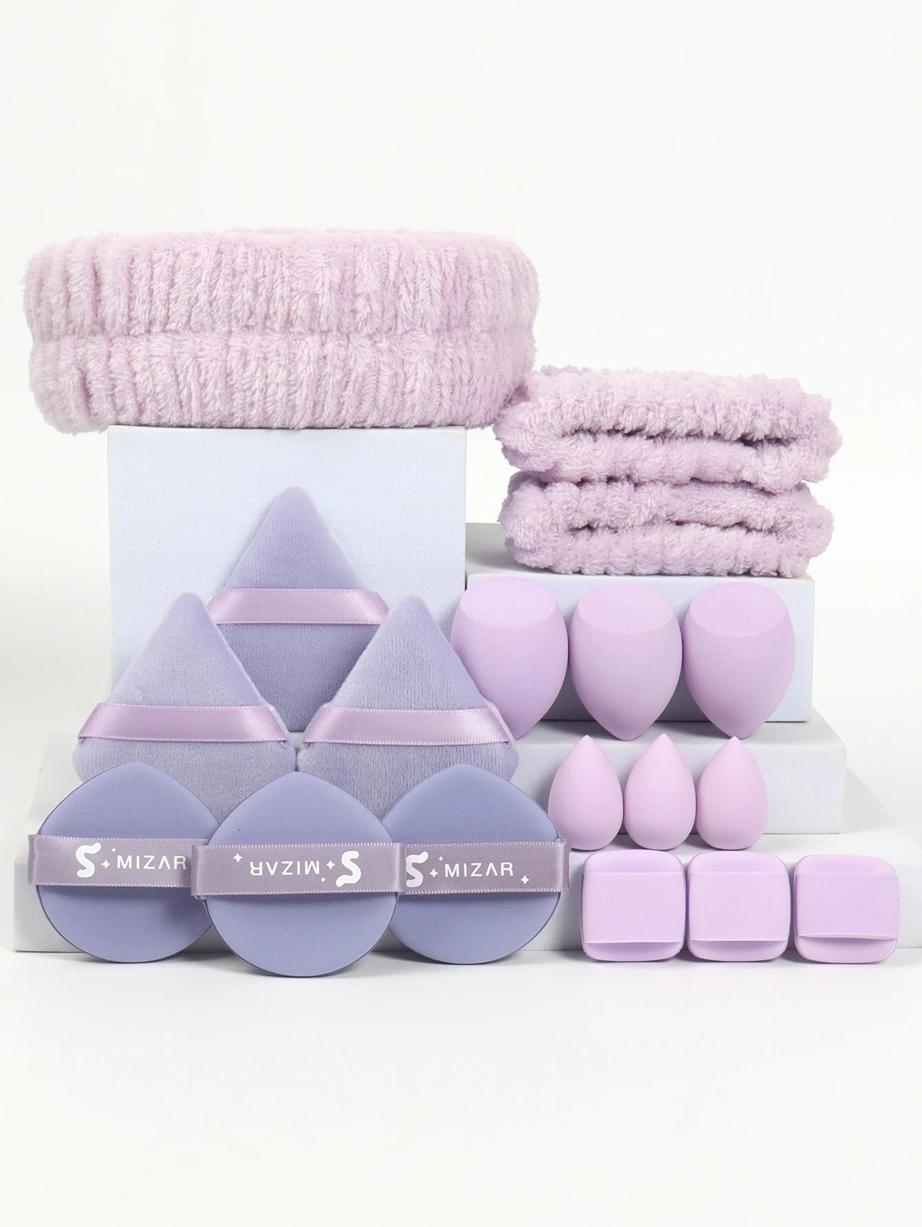 18 piece headband set. 1 hair band & 2 wrist bands & 3 make-up Sponges & 3 Mini Square Air Cushions & 3 triangular powder puff & Beauty World Shop