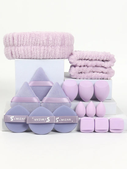 18 piece headband set. 1 hair band & 2 wrist bands & 3 make-up Sponges & 3 Mini Square Air Cushions & 3 triangular powder puff & Beauty World Shop