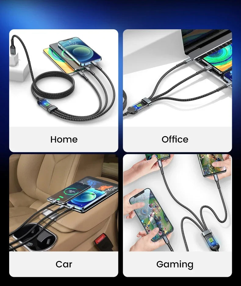 3-in-1 USB 100W 6A Fast Charger Cable Car USB To Type-C Micro LIGHTNING Cable For iPhone 16 15 14 13 Samsung Xiaomi Huawei Beauty World Shop