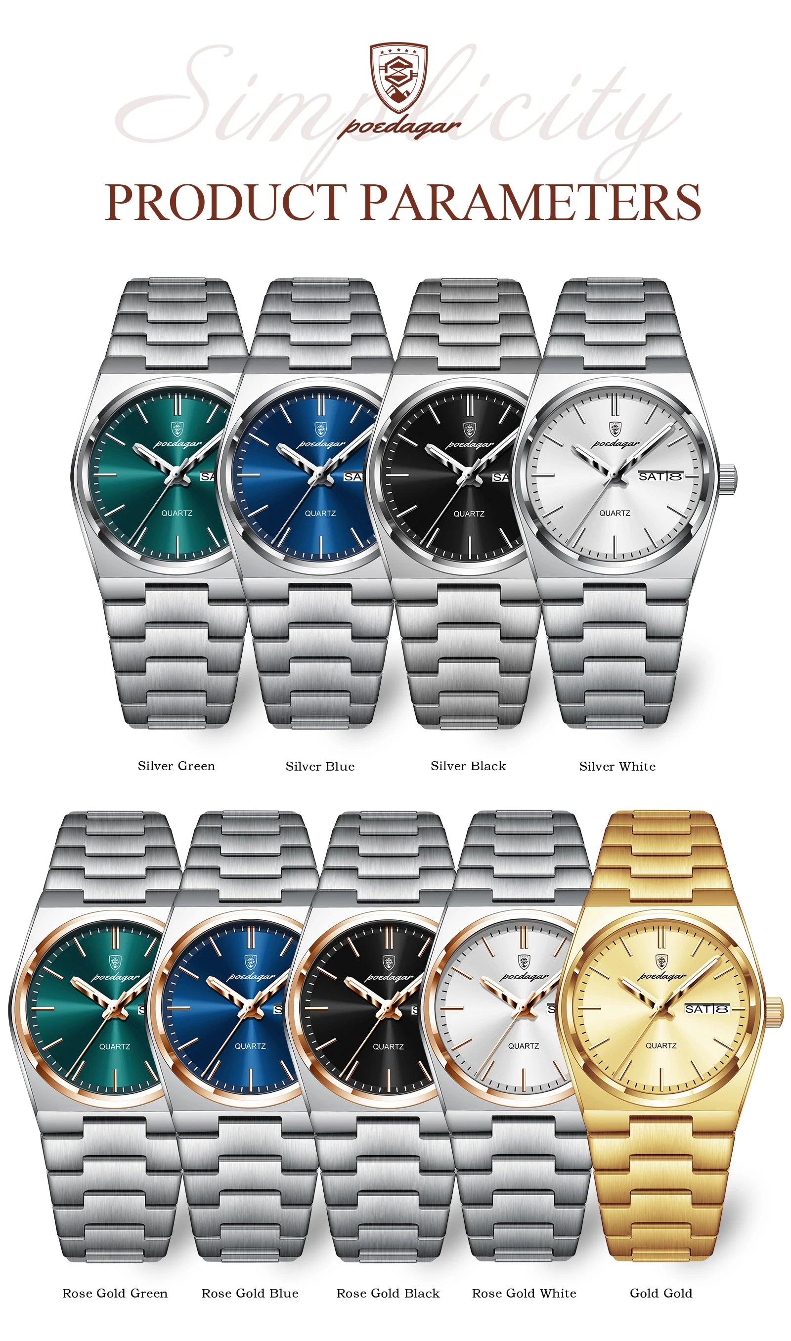 POEDAGAR Elegant Woman's Watch Date Week Waterproof Luminous Ladies Clock Quartz Stainless Steel Fashion Watches For Women Reloj Beauty World Shop