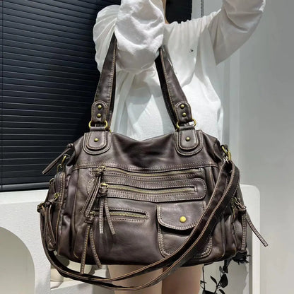 Y2K Hot Girl Single Shoulder Crossbody Bag Vintage Washed Leather Motorcycle Bag Large Capacity Multi Pocket Bag Beauty World Shop