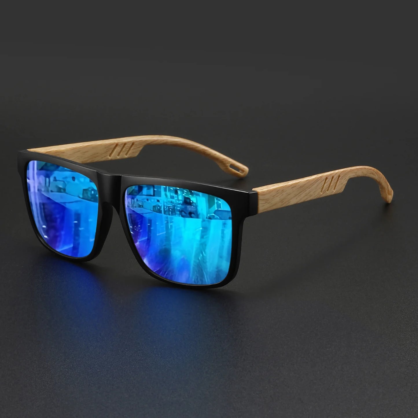 New Fashion Square Sunglasses - Wood Grain Spring Hinge, UV400 Unisex for Driving, Hiking & Travel Beauty World Shop