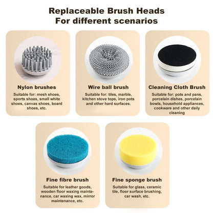Electric Cleaning Brush LED Display with 5 Replaceable Brush Heads 3-speed Adjustable Cleaning Tool For Kitchen Bathroom