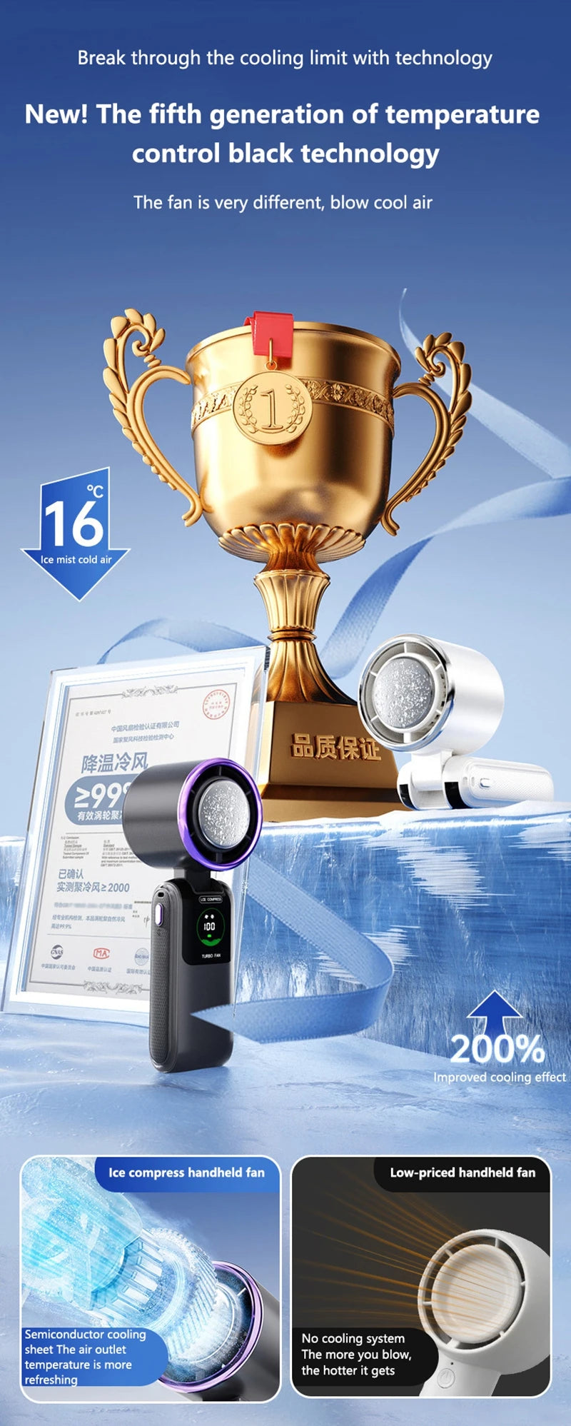Portable Air Cooling Turbos Handheld Fan 100-Speed Adjustable Refrigeration Cooler 4000mAh LED Display USB Rechargeable