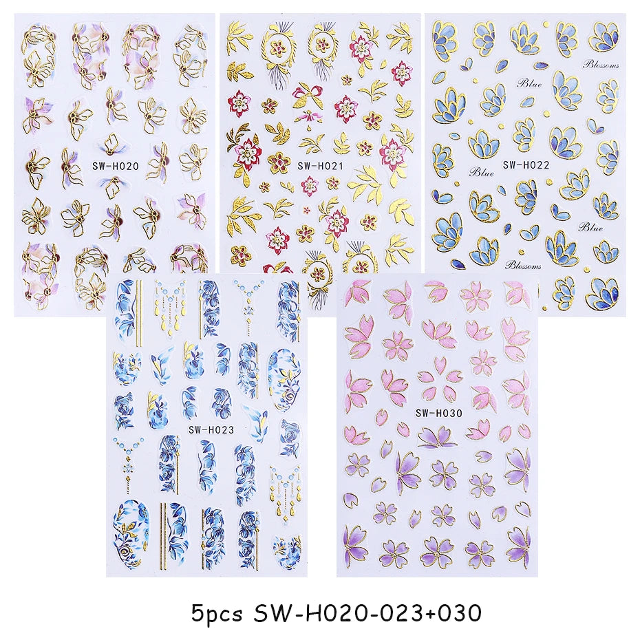 5pcs Metallic Gold Line Flower Nail Stickers 3D Bronzing Border Petals Sakura Leaf Nail Decals Slider DIY Elegant Manicure Decor Beauty World Shop