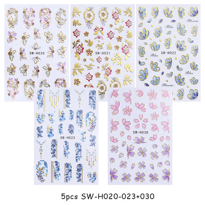 5pcs Metallic Gold Line Flower Nail Stickers 3D Bronzing Border Petals Sakura Leaf Nail Decals Slider DIY Elegant Manicure Decor Beauty World Shop