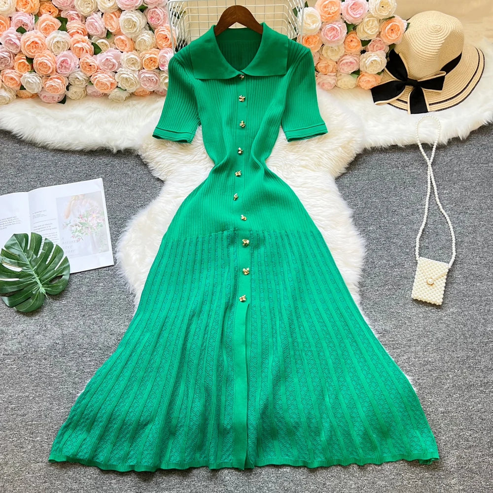 YuooMuoo Brand Fashion Vintage Turn-down Collar Knit Maxi Dress Elegant Single-breasted A-line Long Shirt Dress Lady Vestidos Beauty World Shop