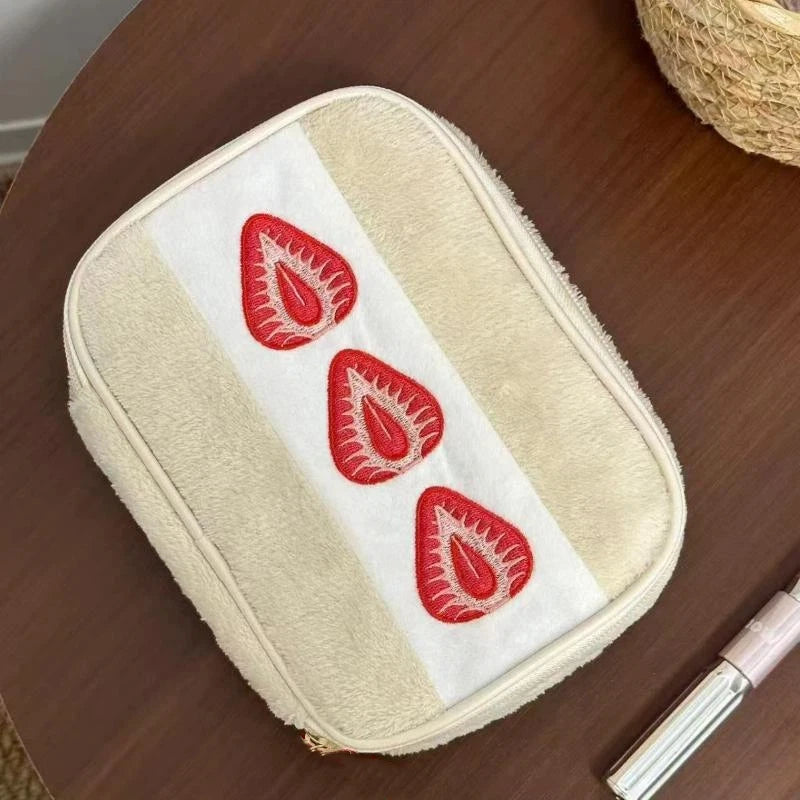 Cute Embroidered Strawberry Pencil Case Portable Stationery Pen Box Multi Functional Large Capacity Makeup Bag Storage Bag Beauty World Shop