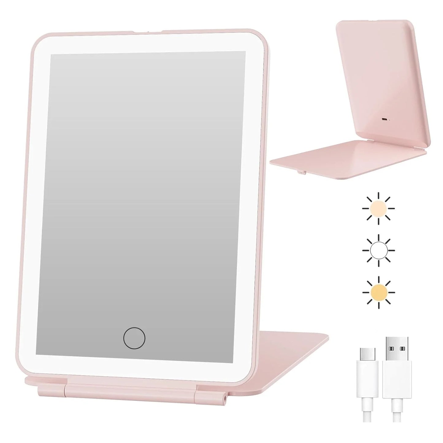 LED Folding Travel Makeup Mirror 3 Colors Light Modes USB Rechargeable Touch Screen Portable Tabletop Cosmetic Mirror Beauty World Shop