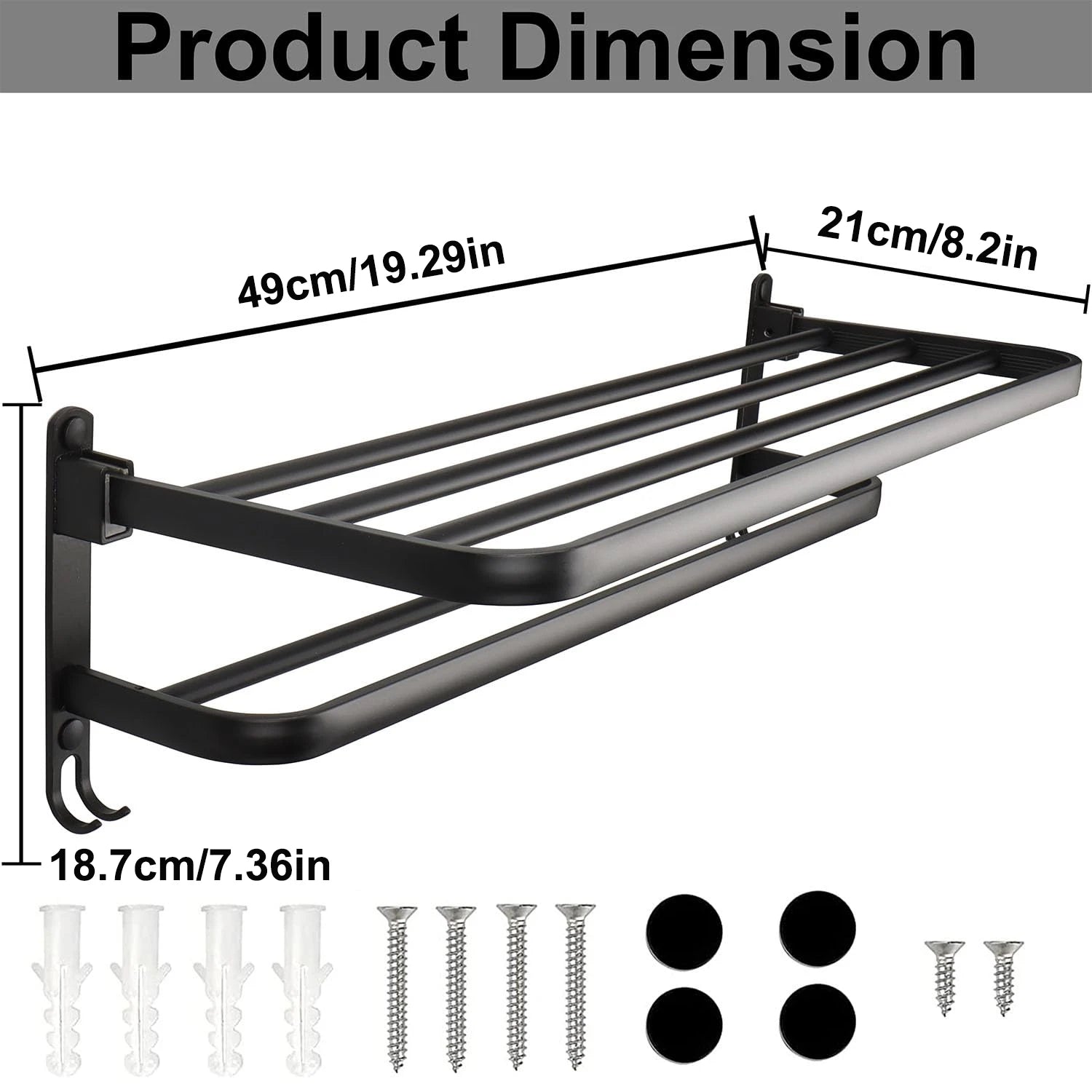 50CM Matte Black Folding Holder With Hook Towel Holder Wall Mount AluminumTowel Rack Bathroom shower rack Bathroom Accessories Beauty World Shop